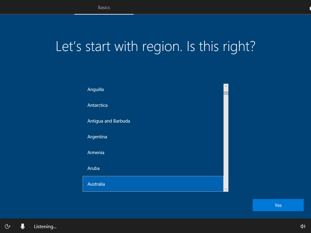 Screenshot of the Windows setup wizard - Select your region.