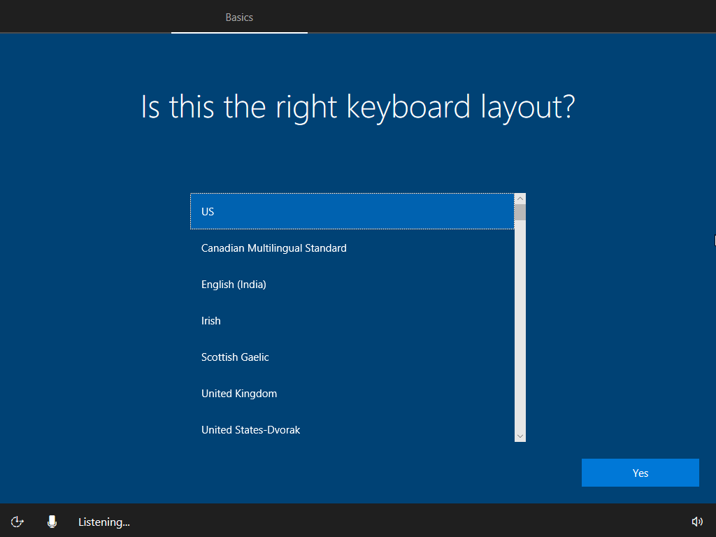 Screenshot of the Windows setup wizard - Select your keyboard layout.