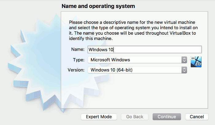 Screenshot of the VirtualBox wizard - Name and Operating System screen.