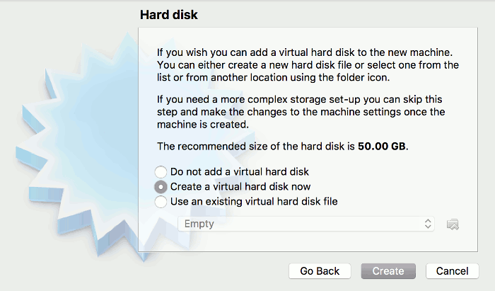 Screenshot of the VirtualBox wizard - Hard Disk screen.