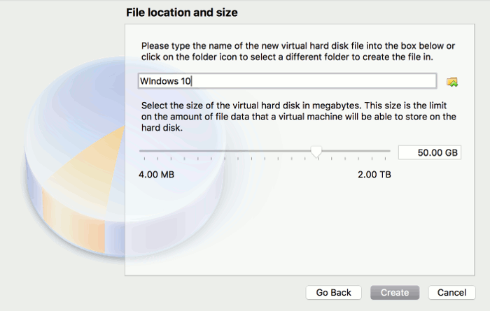 Screenshot of the VirtualBox wizard - File Location and Size screen.