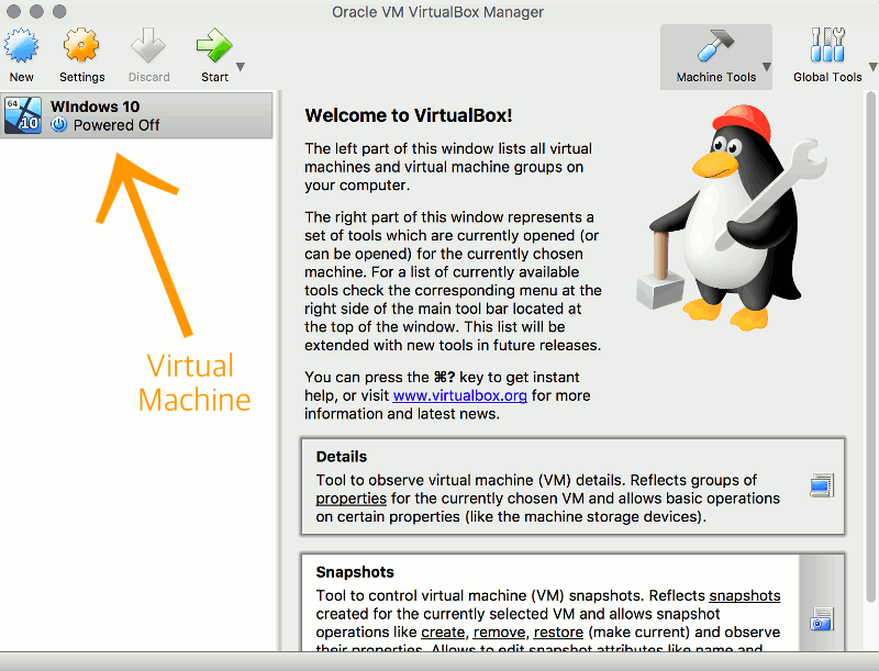 Screenshot of the VirtualBox home screen.