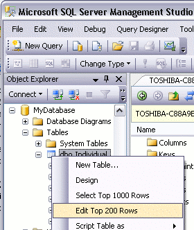 Screenshot of editing the top 200 rows of a table in SSMS