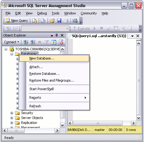 Creating a new database in SQL Server - step 1