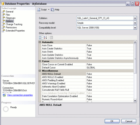 Creating a new database in SQL Server - step 5
