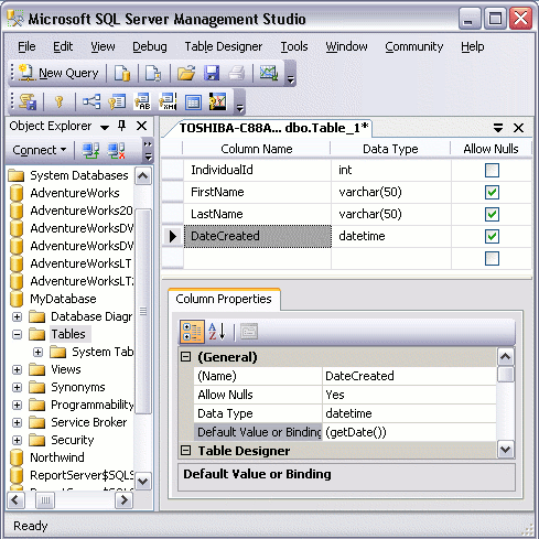 Creating a table in SQL Server - step 2