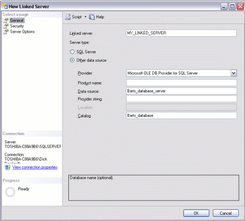 Creating a linked server in SQL Server Management Studio