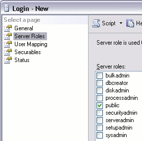 Creating a new login in SQL Server - Server Roles tab
