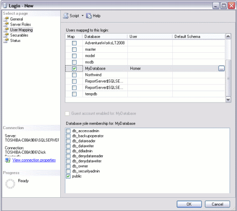 Creating a new login in SQL Server - User Mapping tab
