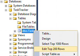 Screenshot of editing the top 200 rows of a table in SSMS