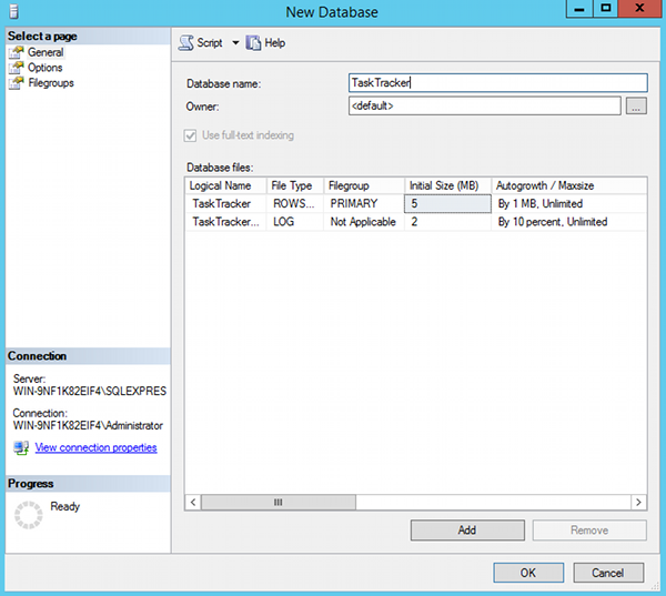 Create a database in SQL Server 2014 - step 2