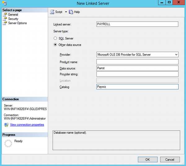 Creating a linked server in SQL Server Management Studio - 2