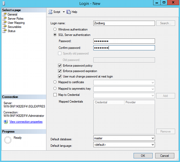 Creating a new login in SQL Server - General tab