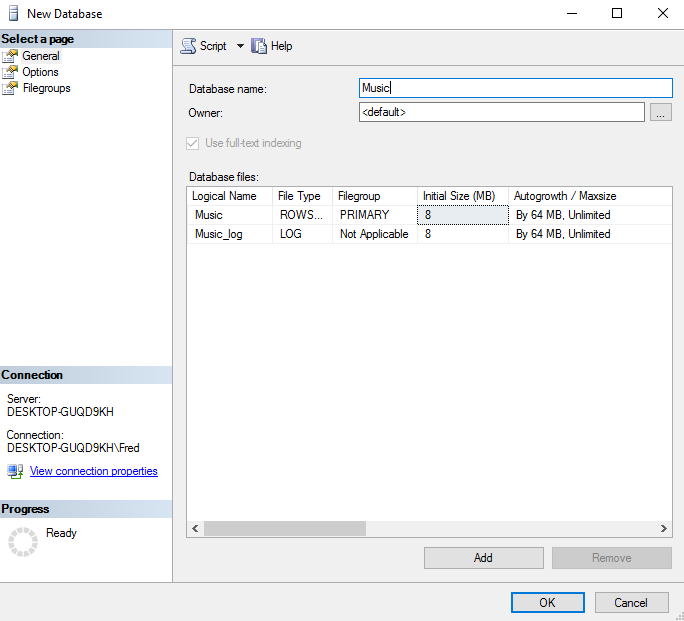 Screenshot of creating a database in SSMS.