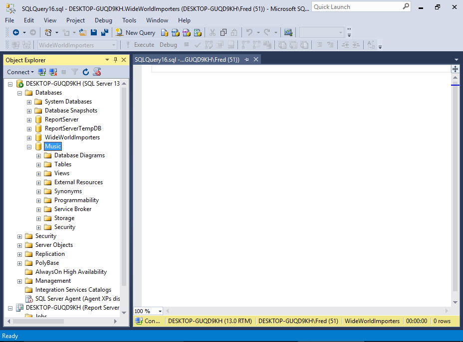 Screenshot of the new database in Object Explorer.