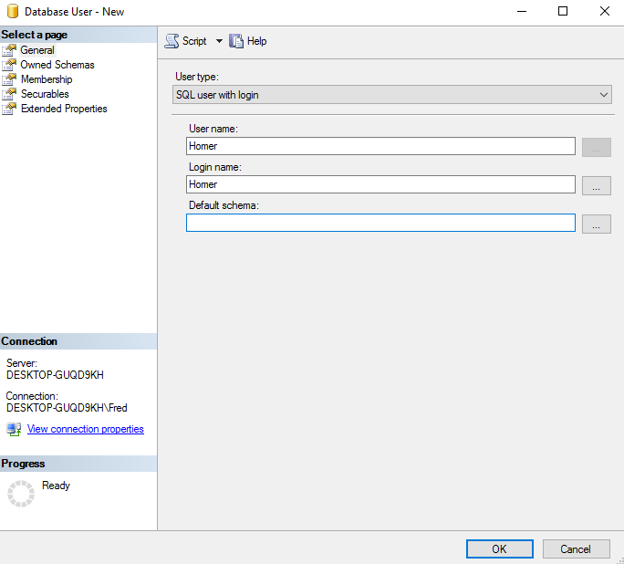 Screenshot of creating a database user in SQL Server.