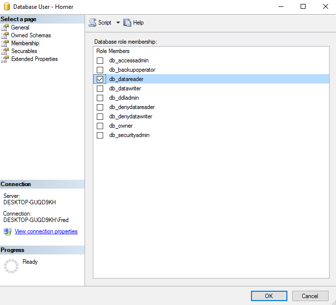 Screenshot of creating a database user in SQL Server.