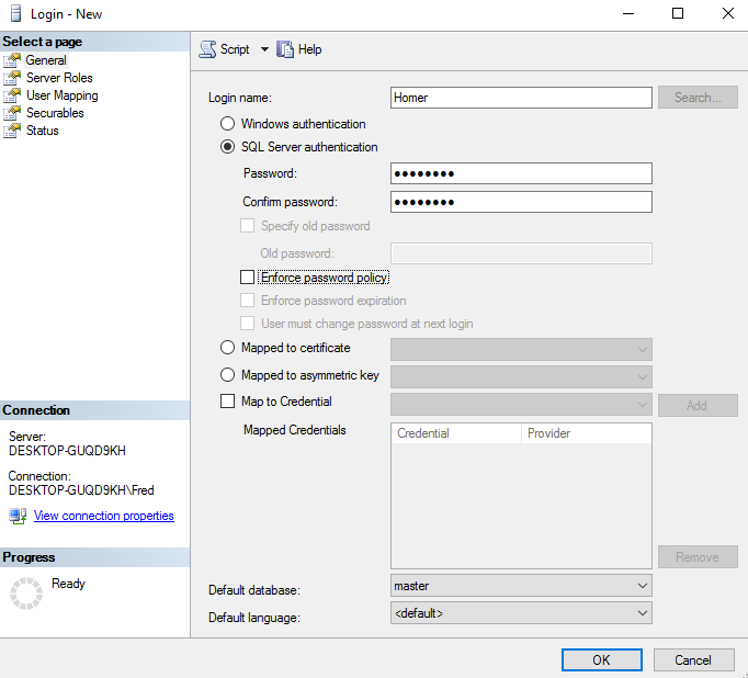 Screenshot of creating a login in SQL Server.