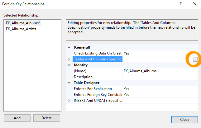 Screenshot of the Foreign Key Relationships dialog.