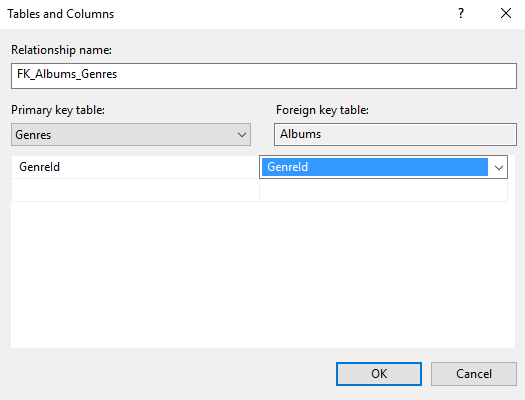 Screenshot of the Tables and Colums dialog box.