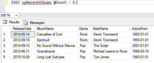 Screenshot of executing a stored procedure in SQL Server.