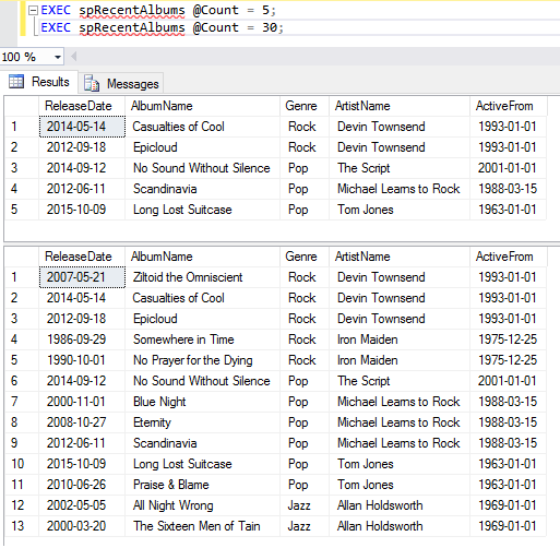 Screenshot of executing a stored procedure in SQL Server.