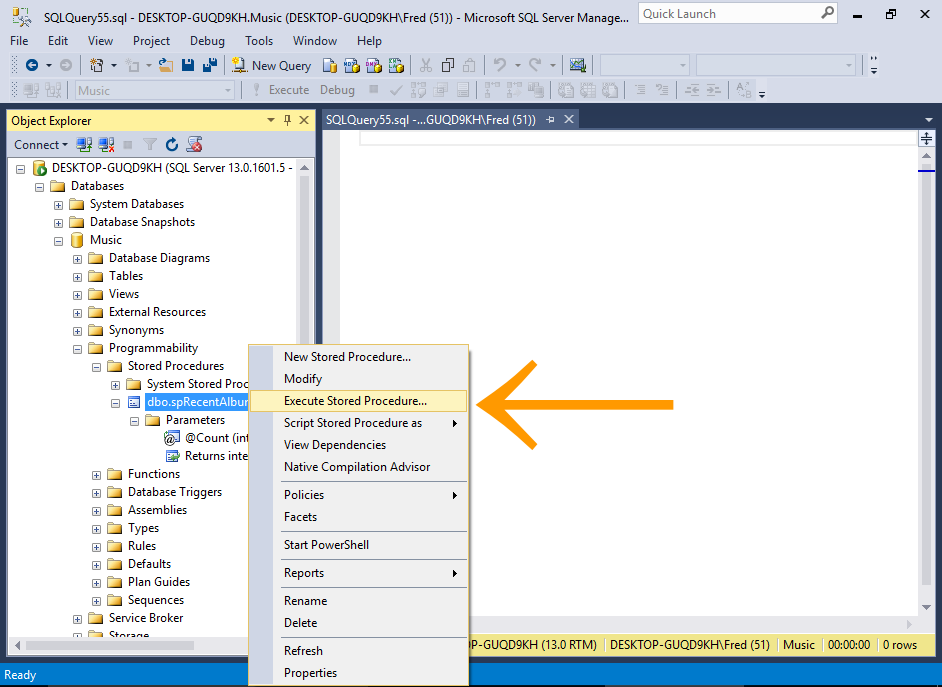 Screenshot of executing a stored procedure via the GUI.