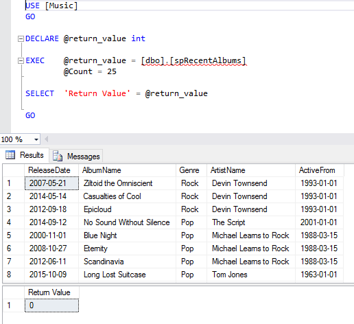 Screenshot of executing a stored procedure via the GUI.