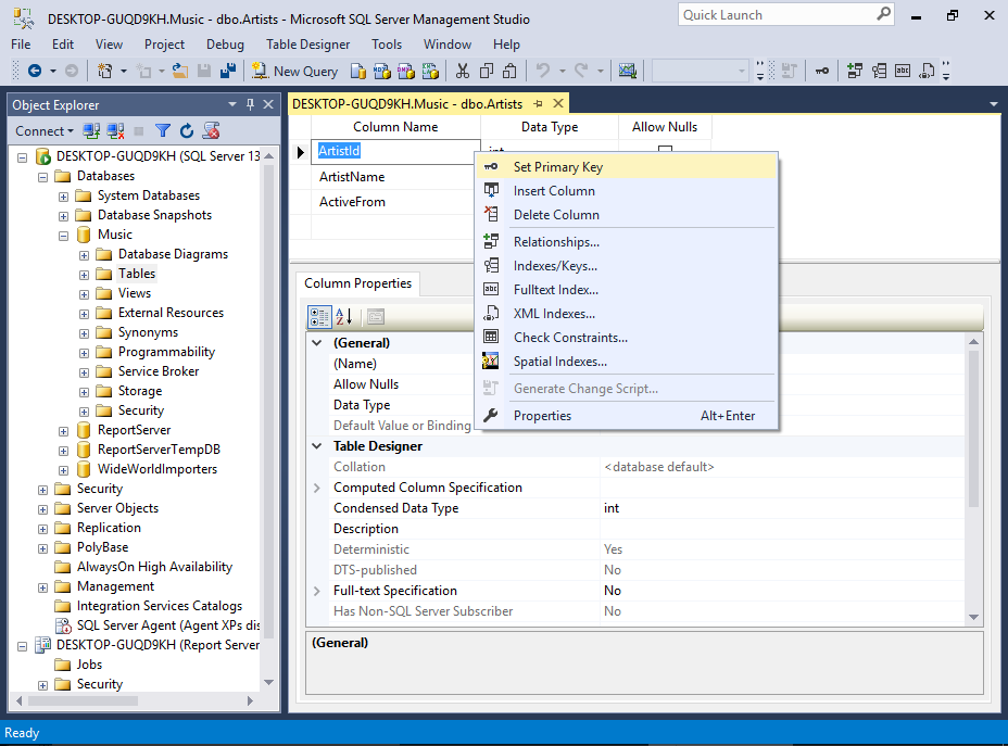 Screenshot of setting the primary key.