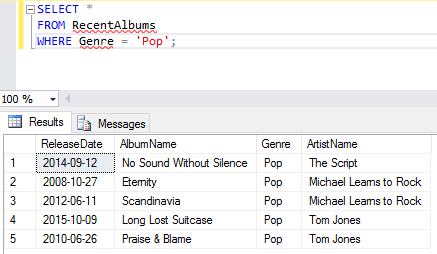 Screenshot of creating a view in SQL Server.