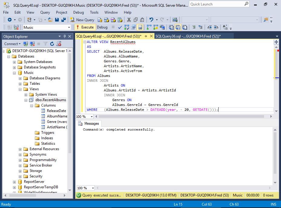 Screenshot of altering a view in SQL Server.