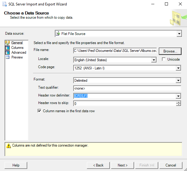 Screenshot of importing data into a table via the SSMS GUI.