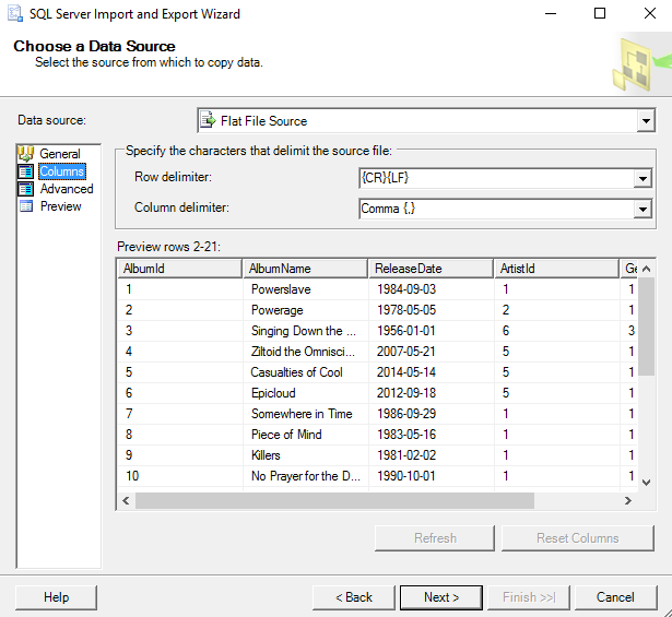 Screenshot of importing data into a table via the SSMS GUI.
