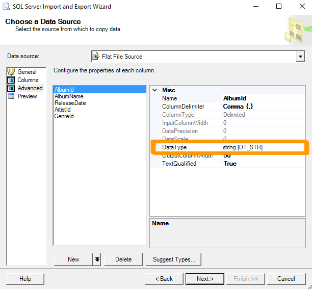 Screenshot of importing data into a table via the SSMS GUI.