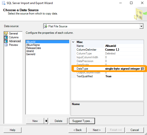 Screenshot of importing data into a table via the SSMS GUI.