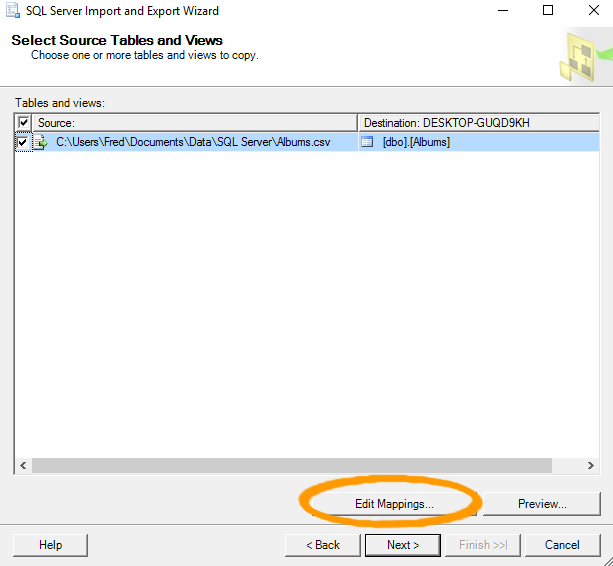 Screenshot of importing data into a table via the SSMS GUI.