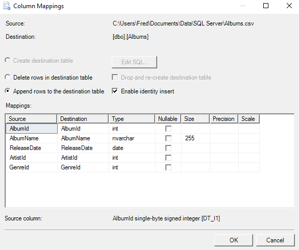 Screenshot of importing data into a table via the SSMS GUI.