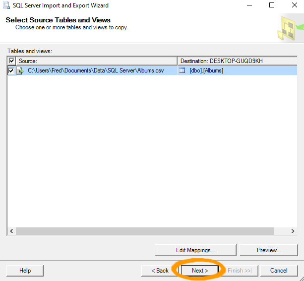 Screenshot of importing data into a table via the SSMS GUI.