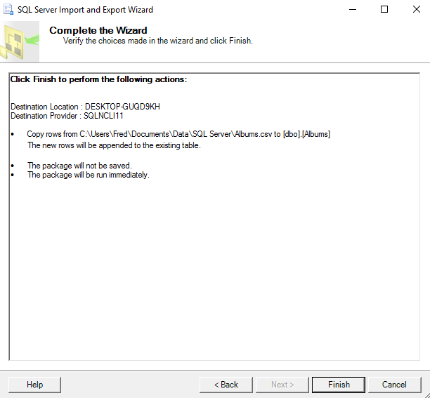 Screenshot of importing data into a table via the SSMS GUI.