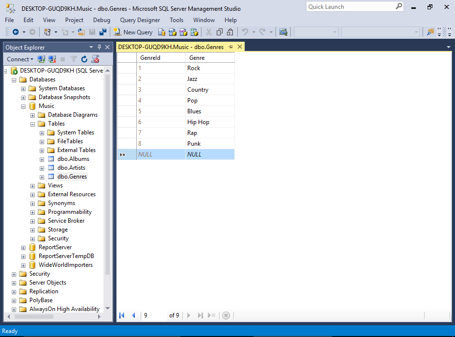 Screenshot of inserting data directly into a table via the SSMS GUI.