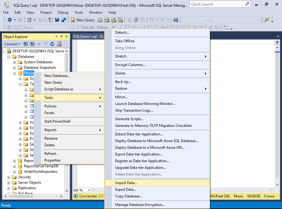 Screenshot of importing data into a table via the SSMS GUI.