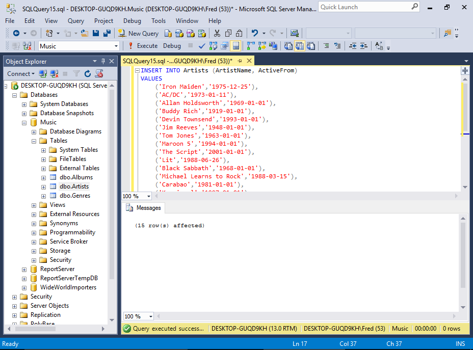 Screenshot of inserting data into a table via SQL.