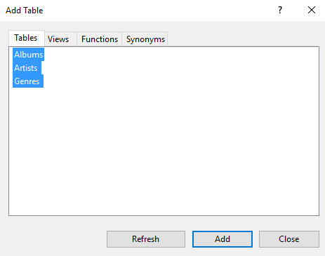 Screenshot of the Add Table dialog box.