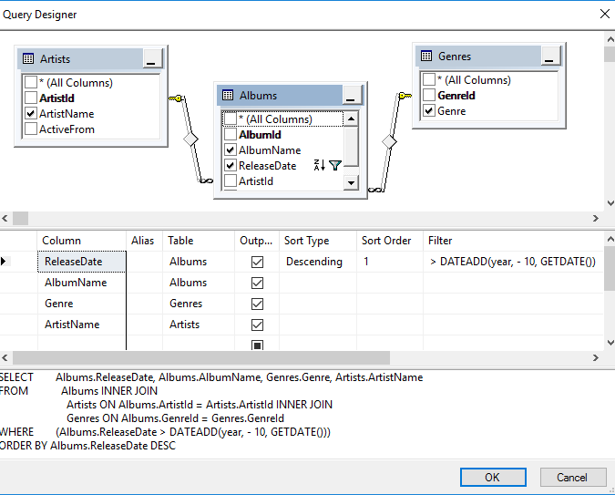 Screenshot of the Query Designer in SSMS.