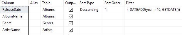 Screenshot of the Query Designer in SSMS.