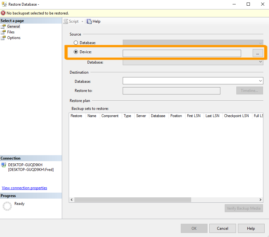 Screenshot of restoring up a database in SQL Server 2016.