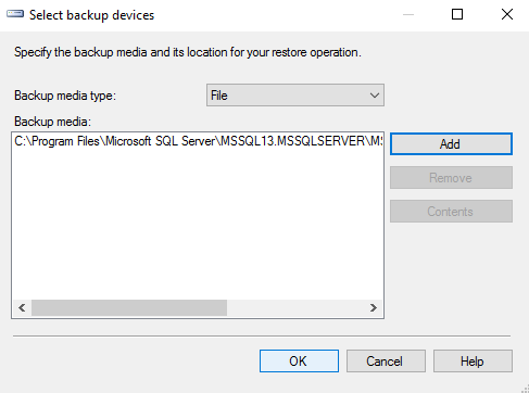 Screenshot of restoring up a database in SQL Server 2016.