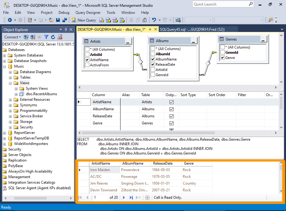 Screenshot of the View Designer in SQL Server.
