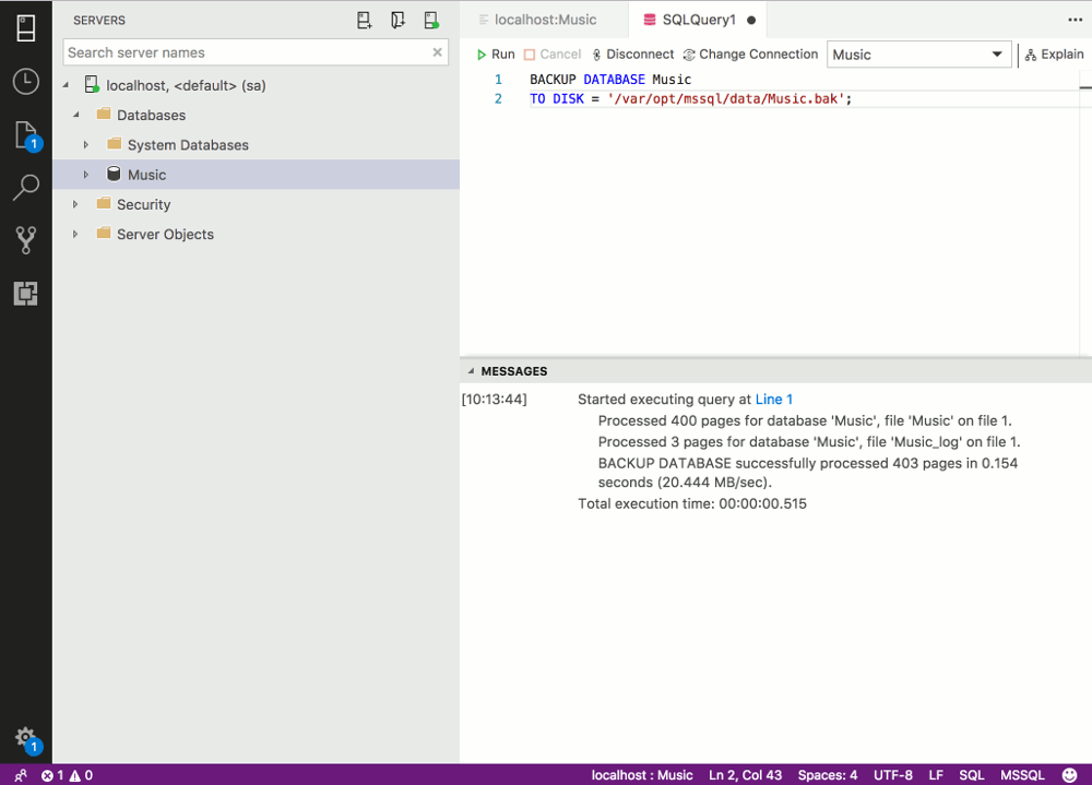 Screenshot of backing up a database using Transact-SQL.