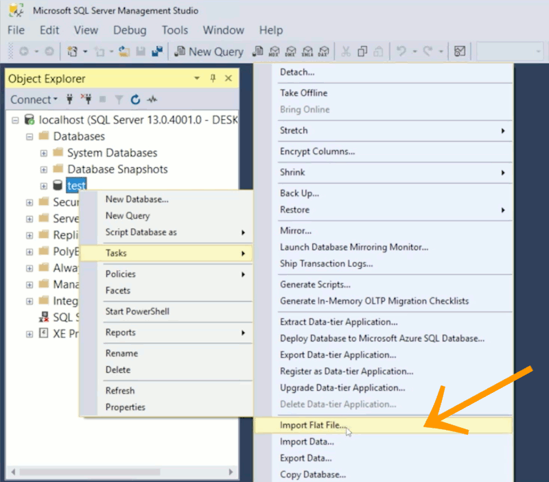 An arrow pointing to the Import Flat File menu
